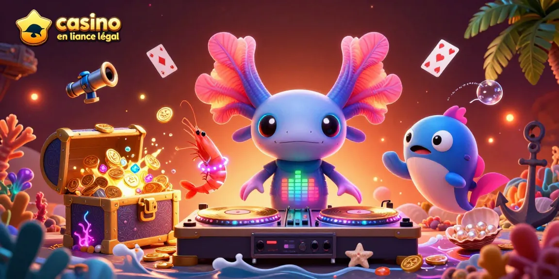 Jouer sur un casino en ligne France légal avec un DJ axolotl animé et des créatures sous-marines accompagnantes.