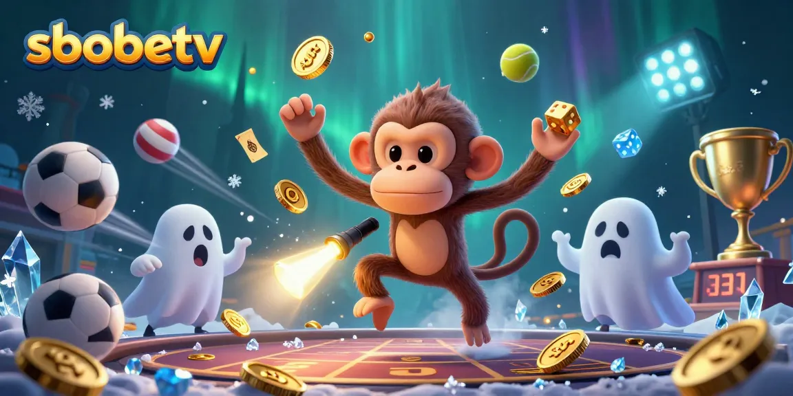 SboBetv showcases a mischievous monkey juggling golden objects in a haunted casino while a curious puppy tracks it.