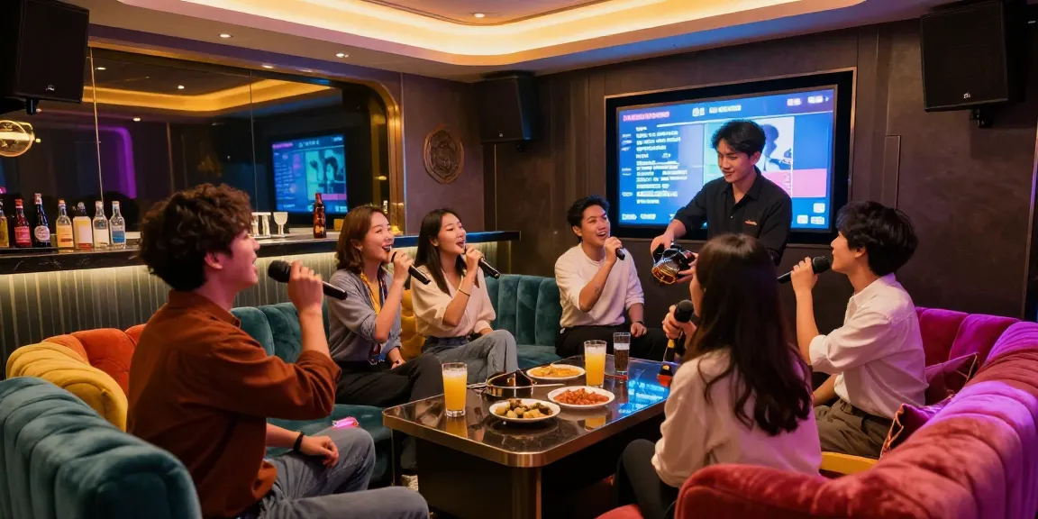 Group of friends enjoying a lively night at 인천쓰리노 karaoke, with vibrant decor and engaging atmosphere.