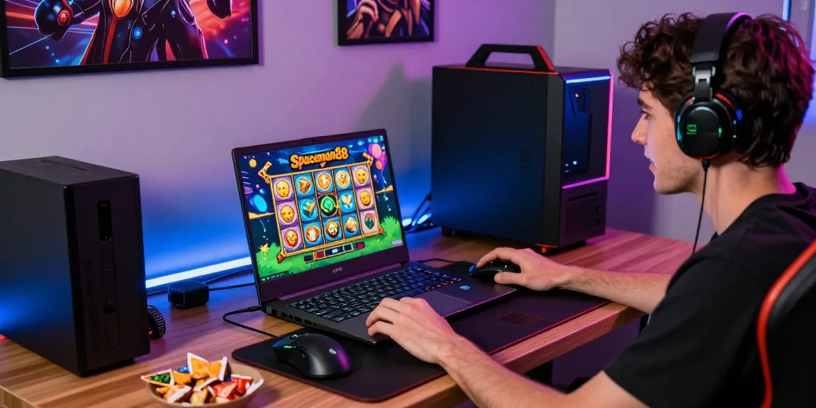 Exciting Spaceman88 gaming scene with a player enjoying the slot game surrounded by high-tech gadgets and colorful lighting.