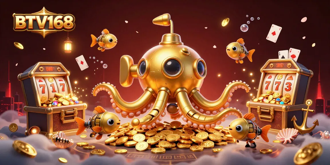 BTV168 unleashes thrilling slot action with a golden kraken and vibrant casino elements.