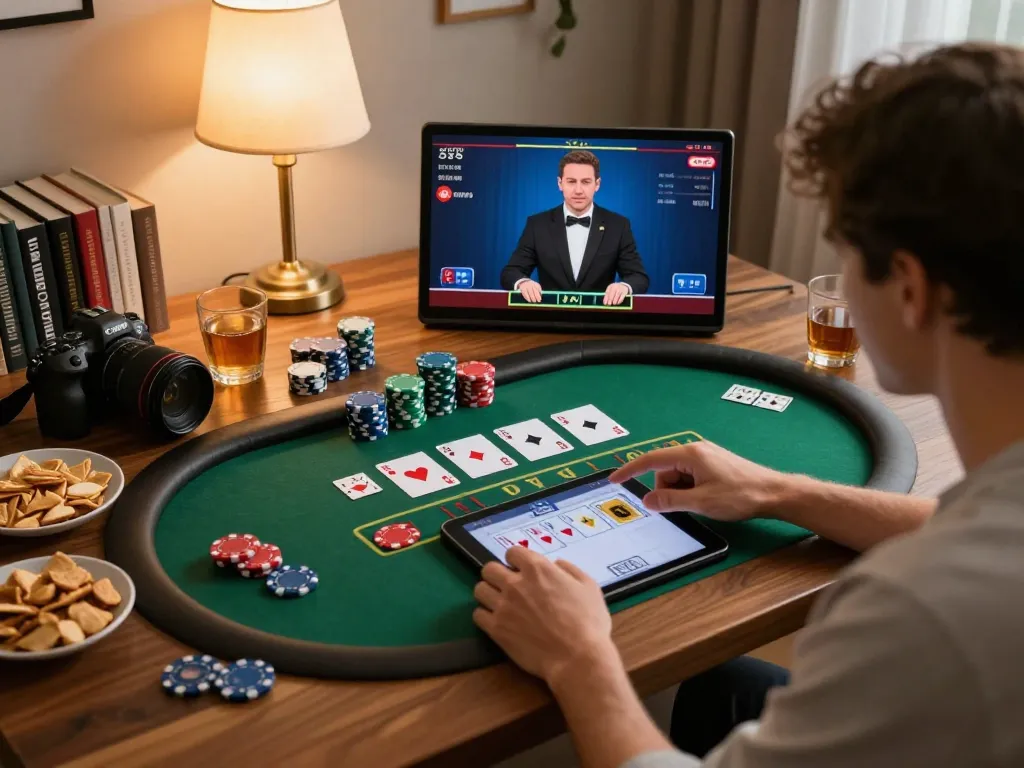 Player engages in live dealer blackjack on fly88 movie platform, showcasing intense focus and strategy in a cozy home setting