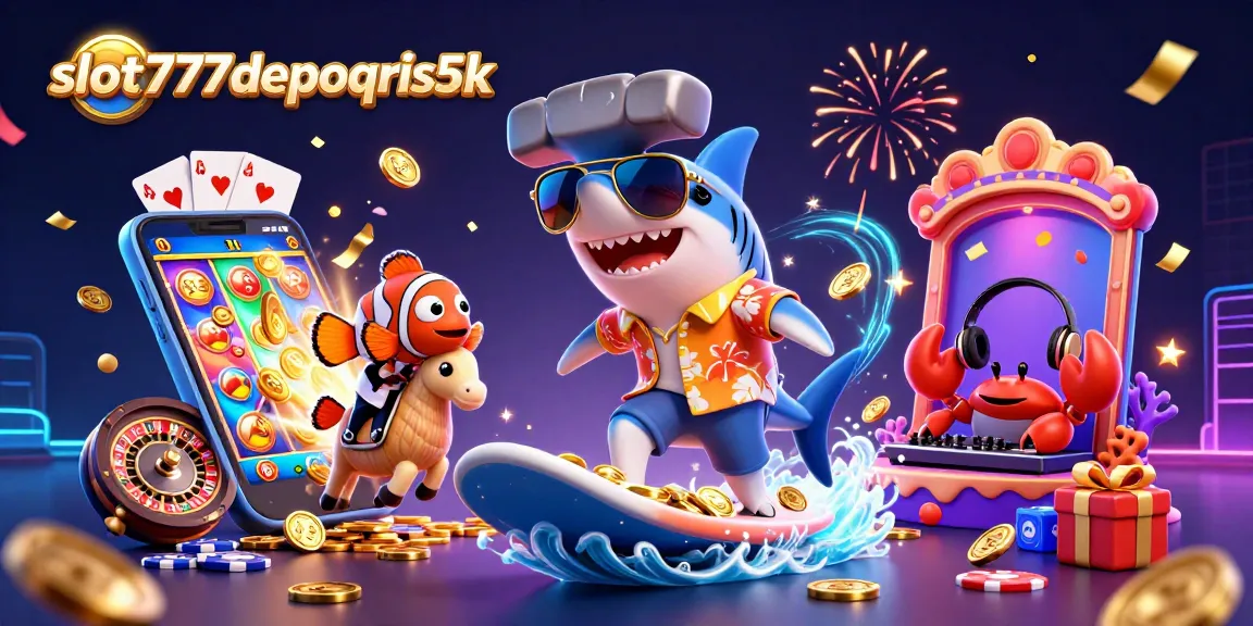 Experience the thrill of slot777depoqris5k with dynamic casino action illustrated through vibrant characters and game elements.