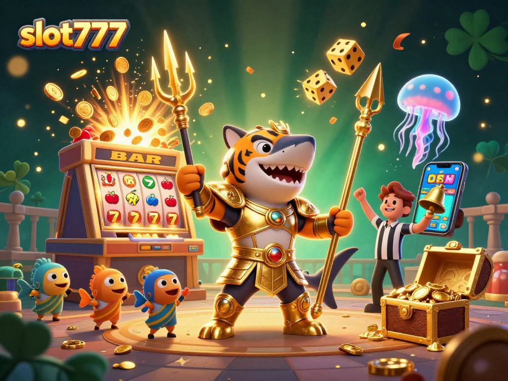 Experience excitement with slot777 as a cartoon shark and friends celebrate jackpot wins in a vibrant casino.