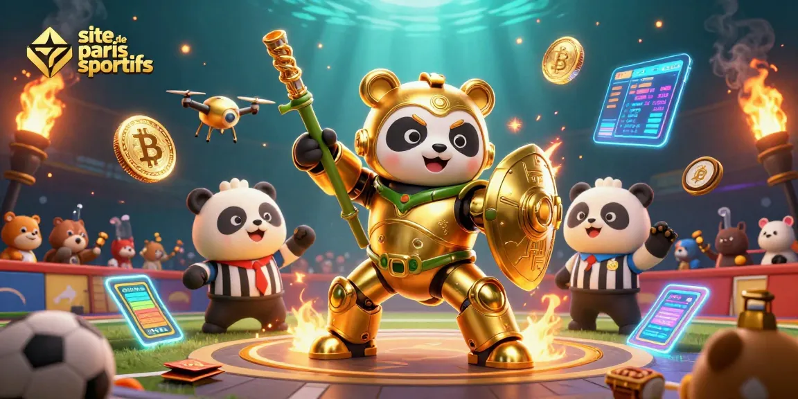 Plongez dans l'univers palpitant du site de paris sportifs avec ce panda doré en armure pilotant un robot dans une arène.