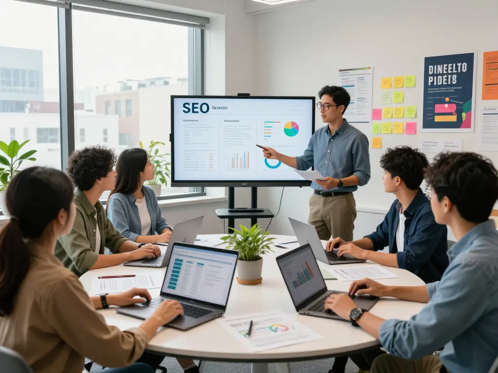 Team of experts at NYC SEO Company collaborating on digital strategies and analytics.