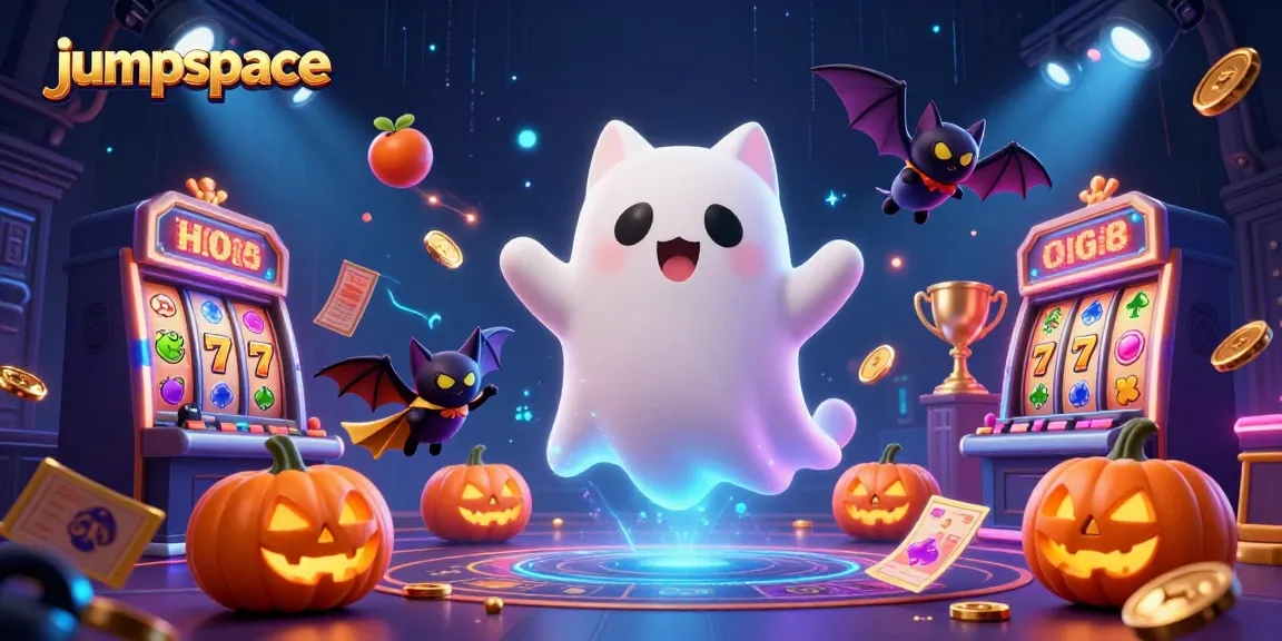 Engage in thrilling gameplay at jumpspace casinos with a ghost cat and vampire bat in a vibrant casino atmosphere.