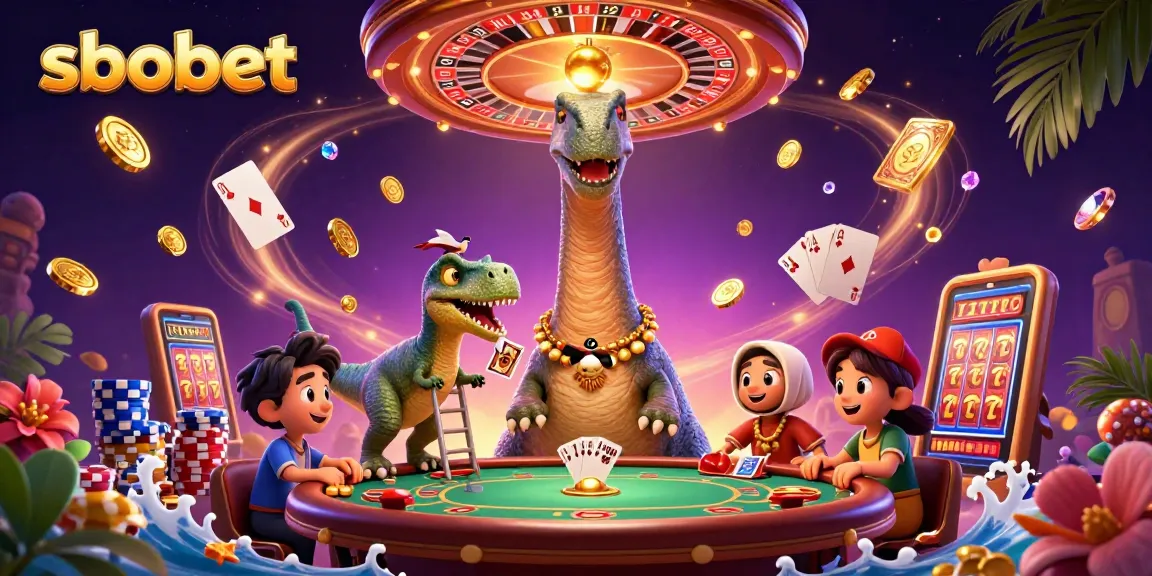 Experience sbobet excitement as a brontosaurus towers over a poker game amidst dazzling casino elements.