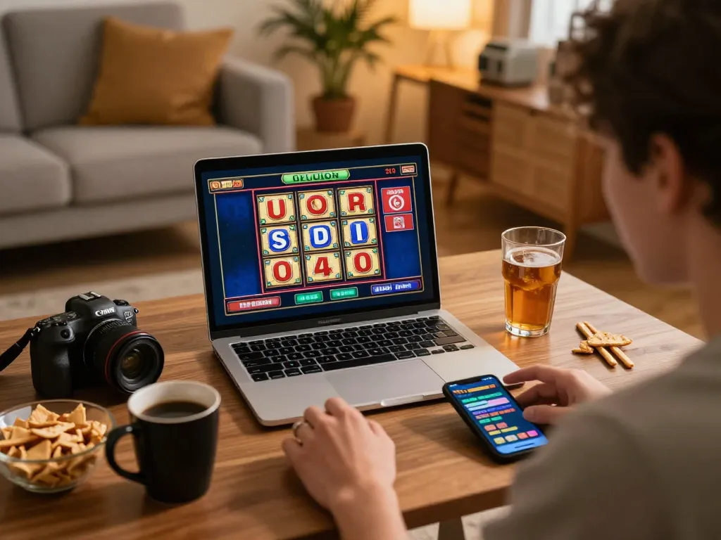 Engaging in strategic gaming at casinò online europei with a laptop and smartphone setup in a cozy home.