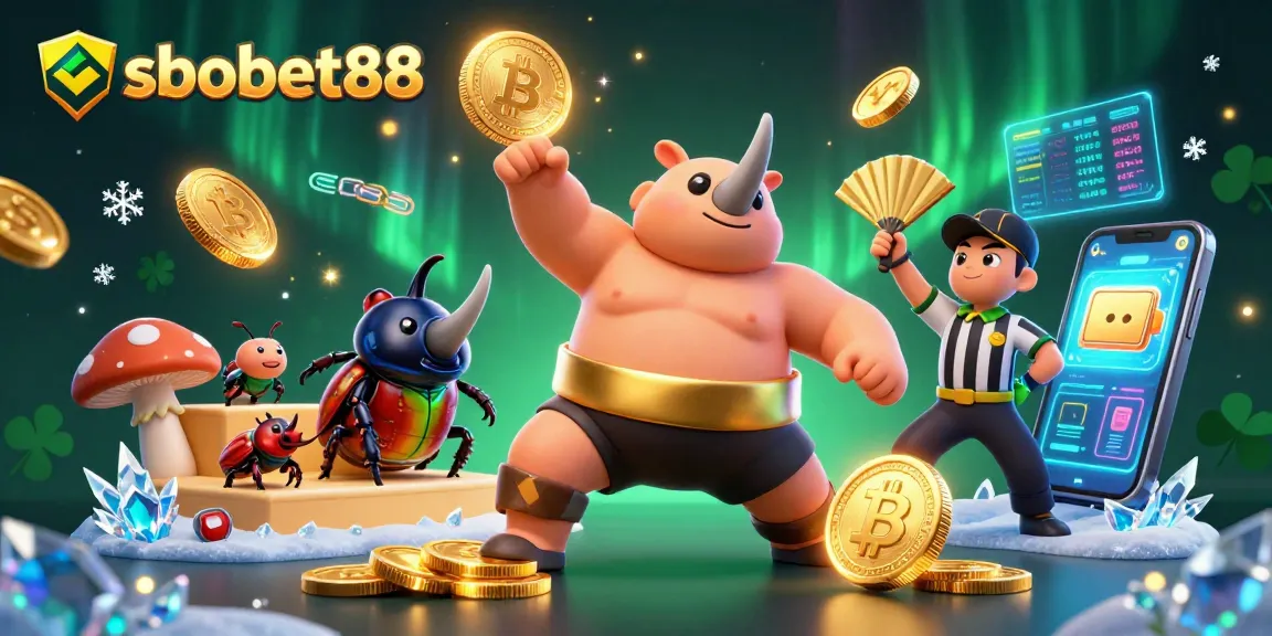 SboBet88 betting showcase with a sumo beetle champion and digital crypto elements flying around