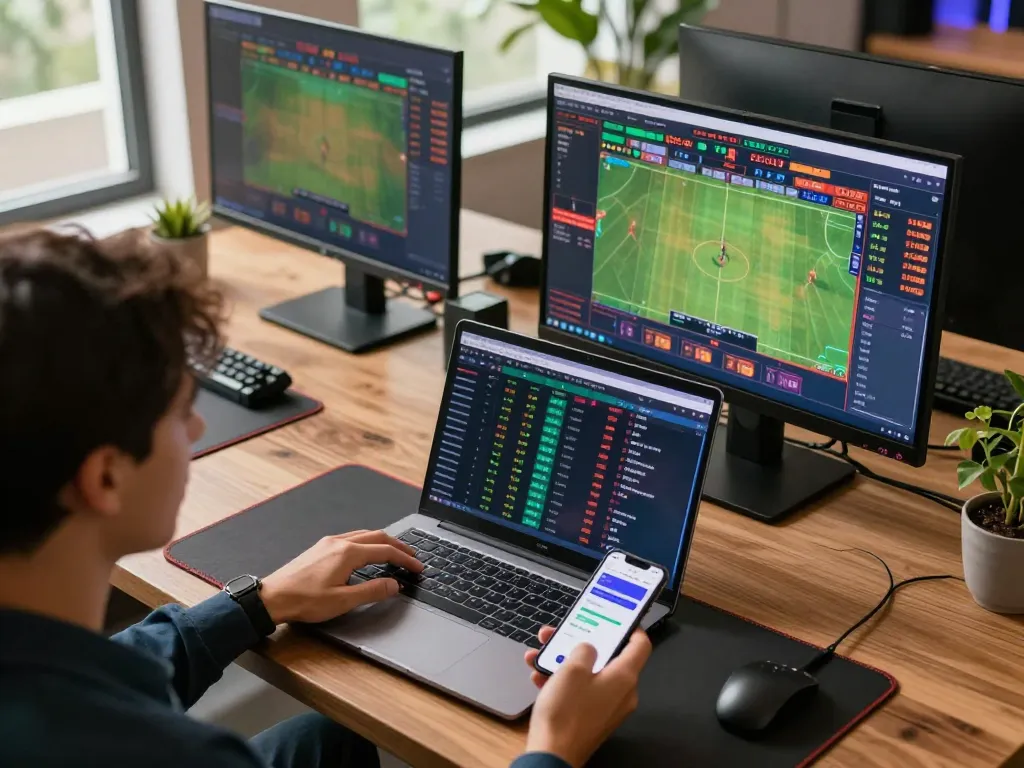 Engaged player analyzing odds on cm88-bet betting app while using laptop for online sports betting.