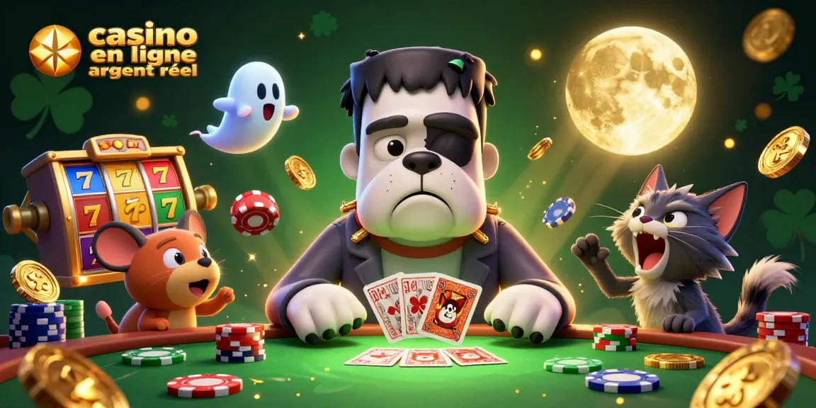 Jouer au casino en ligne argent réel avec un bulldog Frankenstein aux cartes et une ambiance festive.