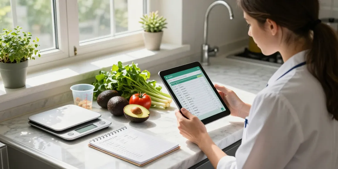 Nutritionist exploring the best food tracking app in a modern kitchen filled with fresh ingredients.
