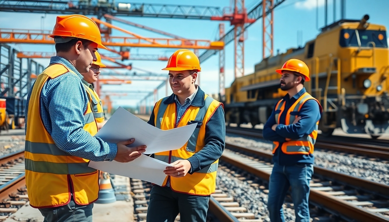 Rail contractor Canada team collaborating on a railway construction site with machinery in action.