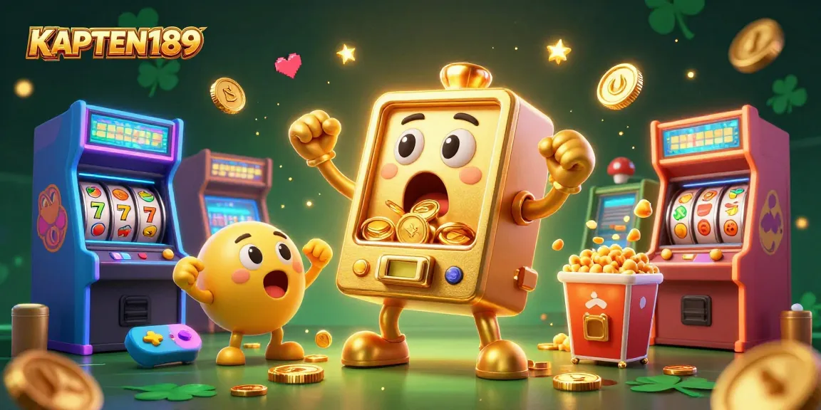 KAPTEN189 menghadirkan mesin slot emas 3D yang terkejut dengan jackpot, dikelilingi mesin slot kecil dan popcorn emas, suasana kasino yang ceria.