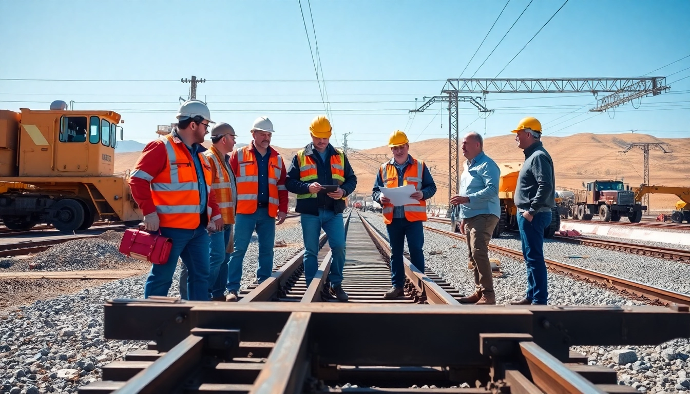 Railroad Contractors Near Me team analyzing construction plans at the track site.
