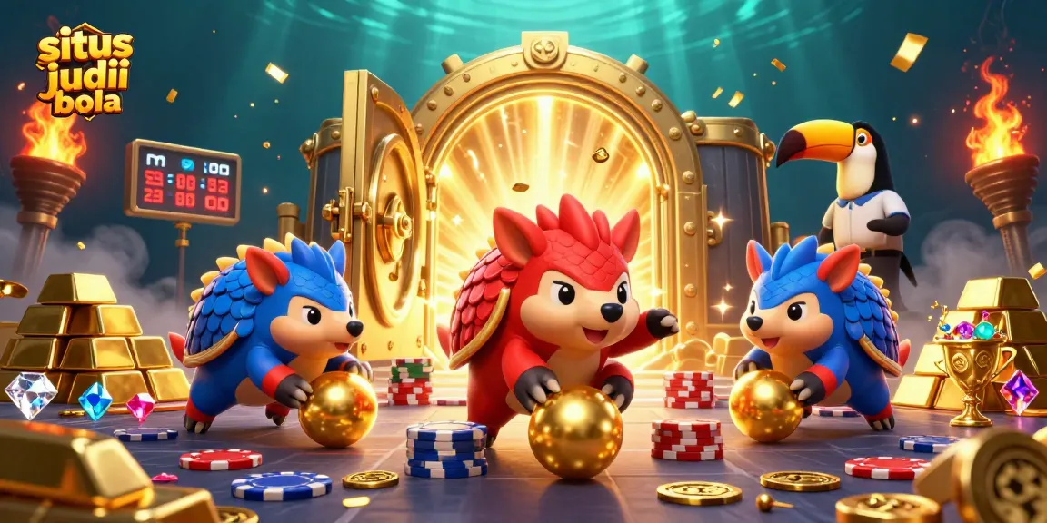 Situs judi bola scene featuring rival pangolins playing with golden balls in a vibrant casino setting.