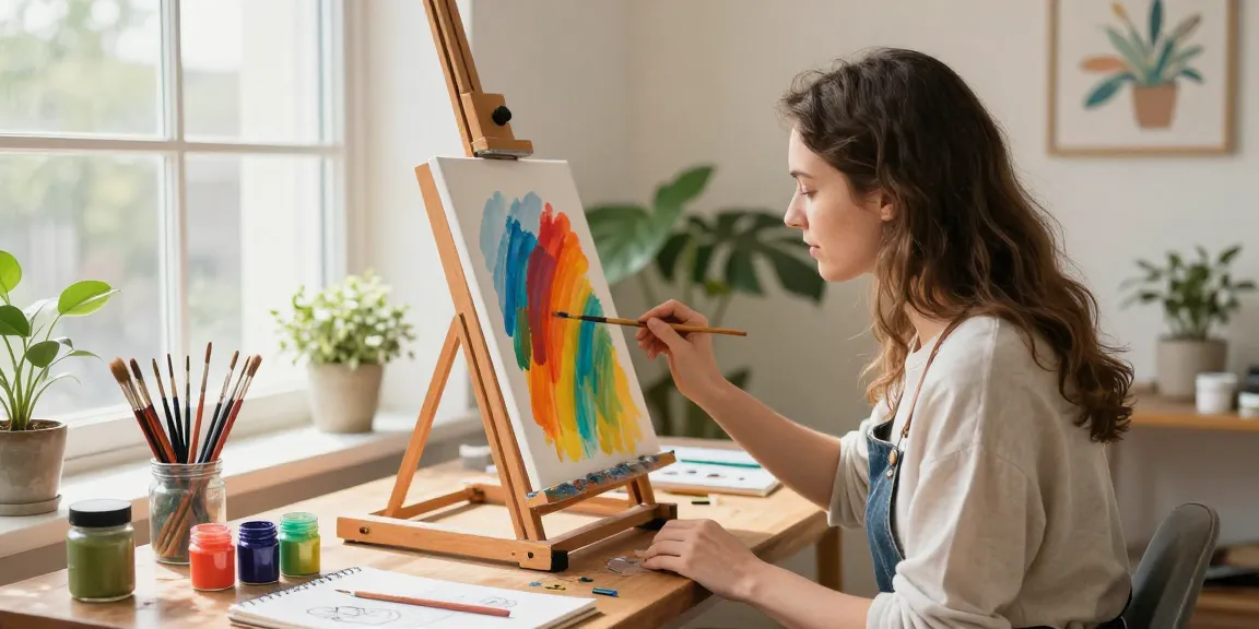 Engaged adult creating a paint by number for adults masterpiece in a bright studio