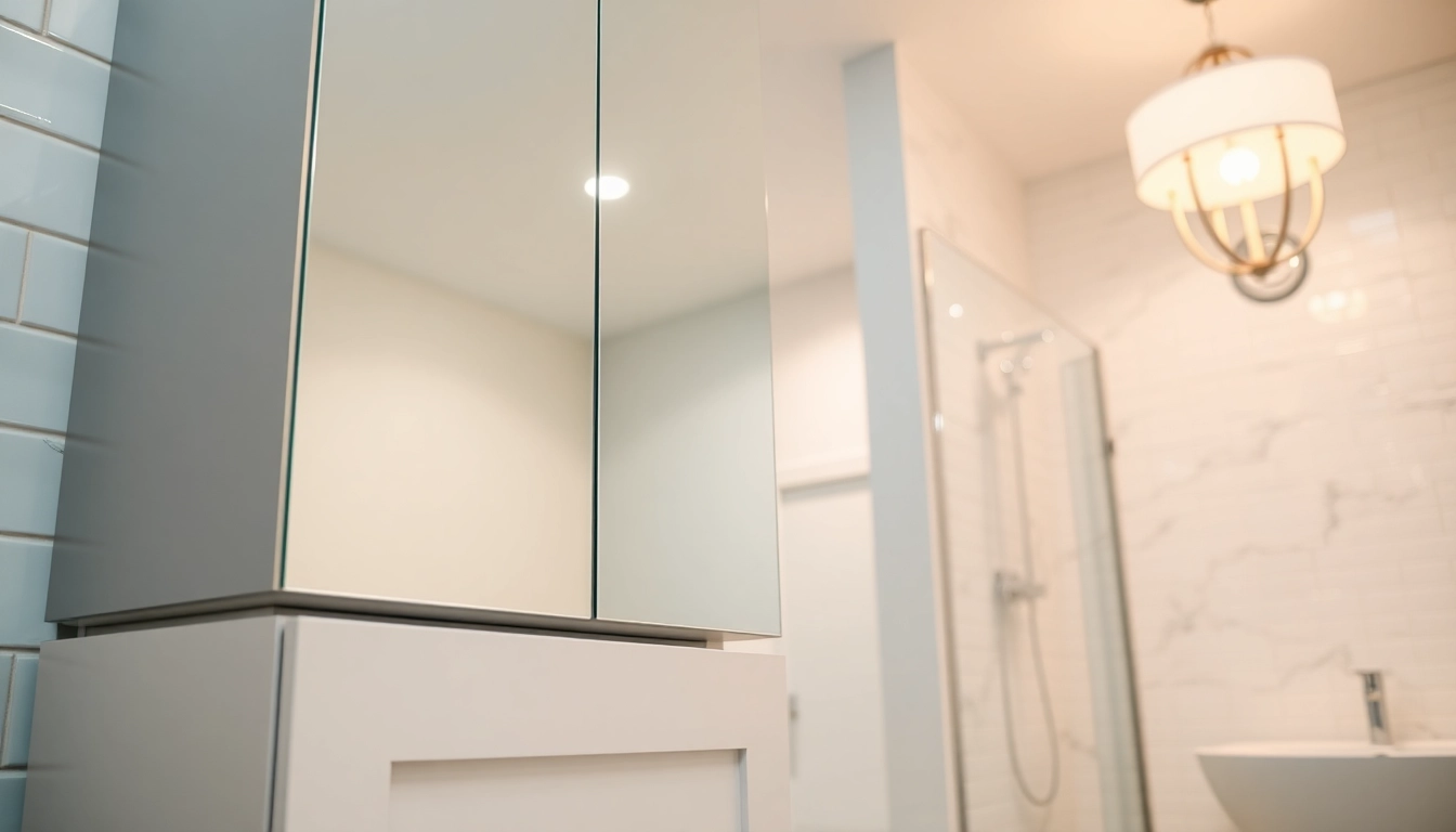 A stylish mirrored bathroom cabinet with light reflecting bright elegance in a modern bathroom.