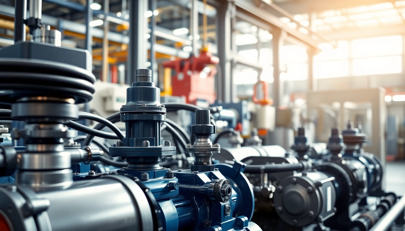 Showcasing industrial hydraulics solutions with hydraulic pumps and components in a factory setting.