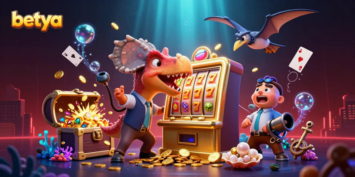 Betya offers thrilling slot machine action featuring a dynamic pachycephalosaurus, casino manager, and flying coins.