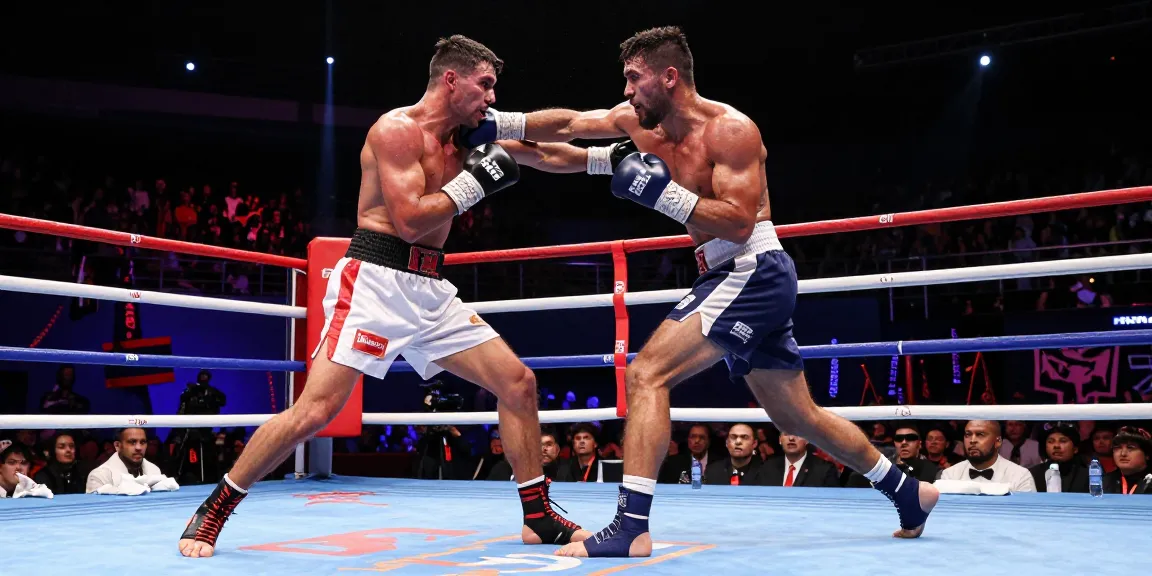Undisputed champion in intense boxing match showcasing fierce competitors and vibrant fan energy.