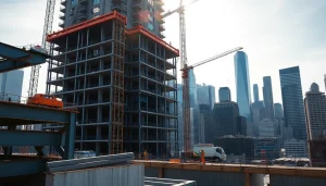 Showcasing New York City Commercial General Contractor work with construction site and skyline.