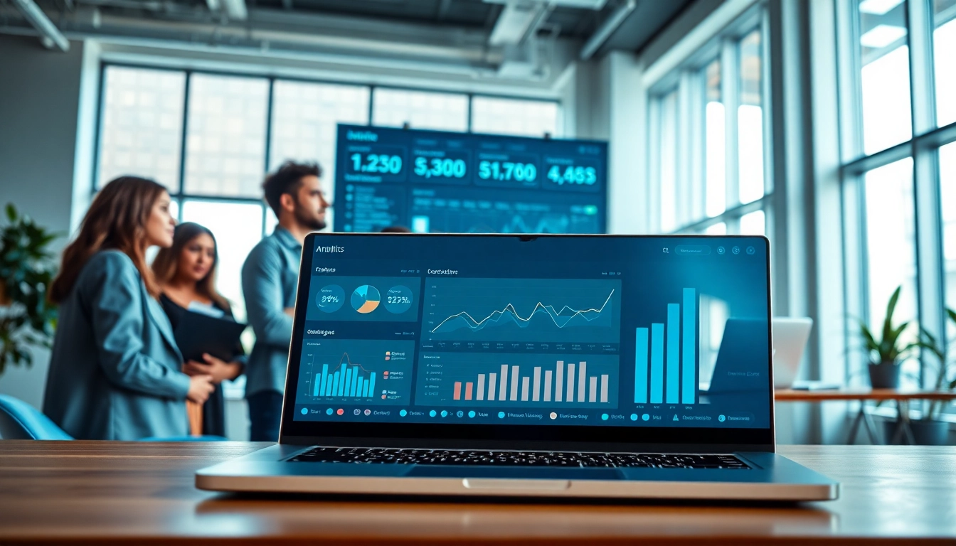 Engaging professionals collaborating over an analytics dashboard showcasing an smm reseller panel.