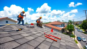 Engage with Professional roofing services as skilled workers expertly install a new roof on a home.