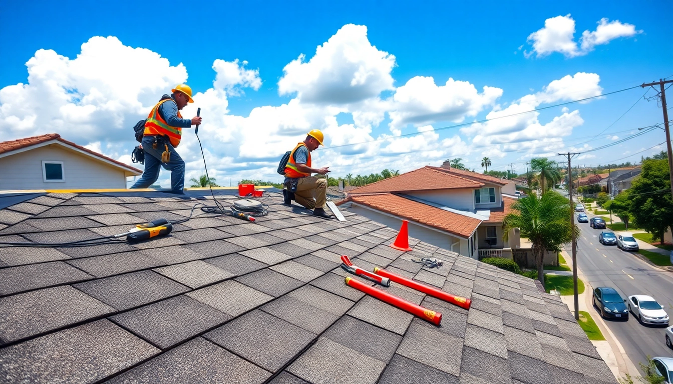 Engage with Professional roofing services as skilled workers expertly install a new roof on a home.
