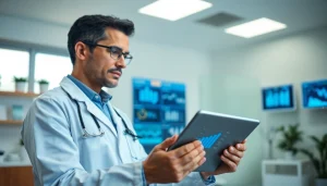 Health expert reviewing patient data in a modern office with digital tablet.