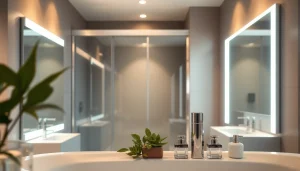 Sirhona fr présente une cabine de douche moderne avec un miroir LED élégant dans une salle de bain zen.