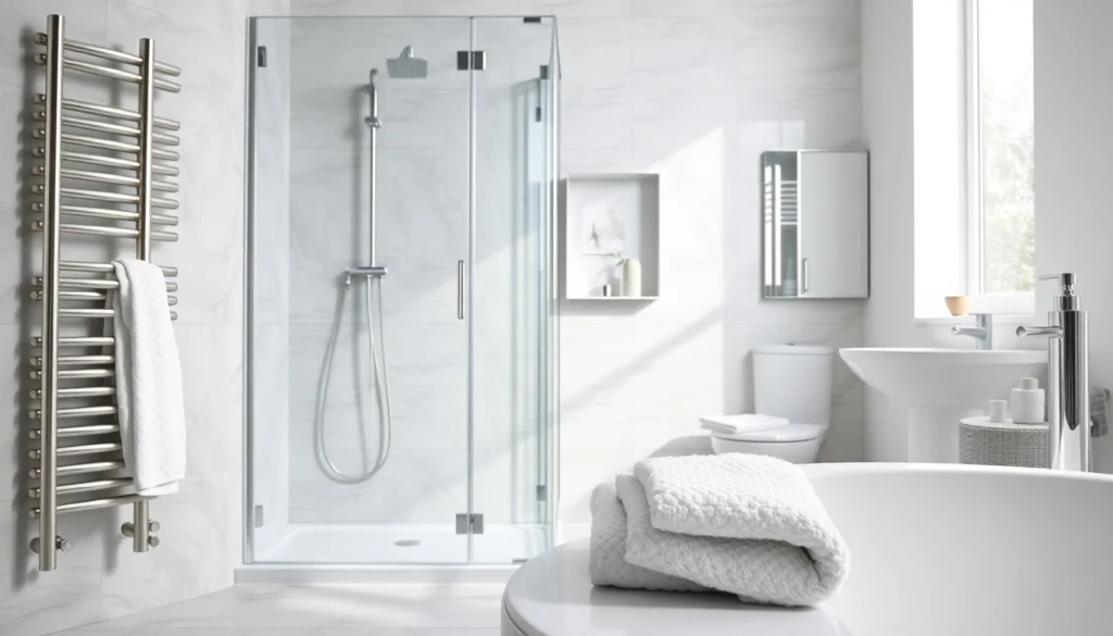 Erleben Sie die hochwertige Badezimmerausstattung von sonni sanitär GmbH mit modernem Duschbereich und eleganten Heizkörpern.