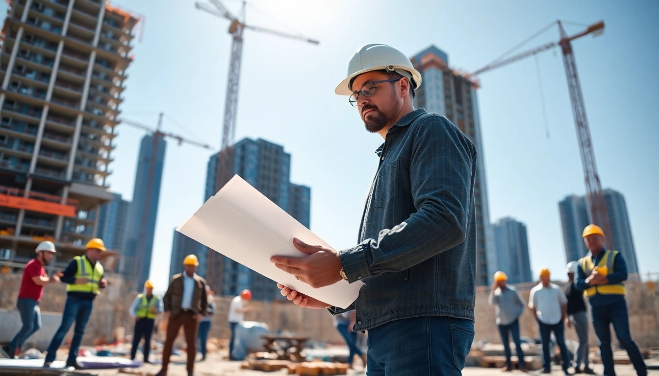 Manhattan Construction Manager leading a construction team on a site with blueprints.