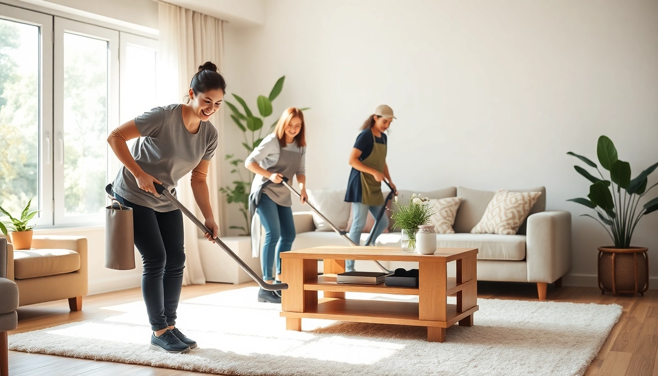 Cleaning Service professionals meticulously tidying a bright and inviting living room space.
