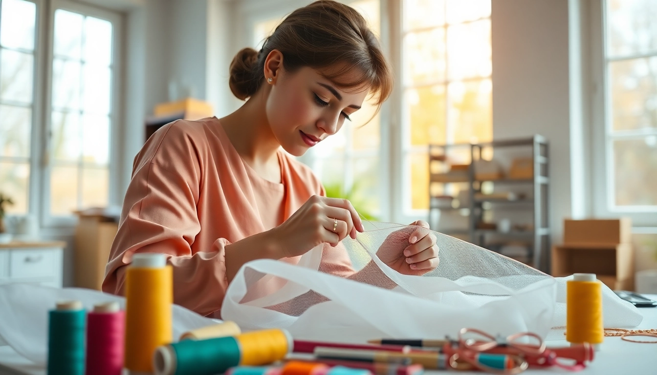 Mousseline stof wordt vakkundig genaaid door een creatieve vrouw in een lichte studio.