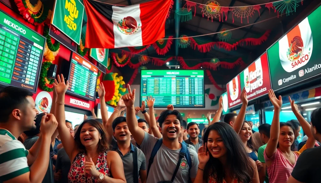 Engaging scene of sports betting Mexico with enthusiastic fans in a vibrant outdoor setting.