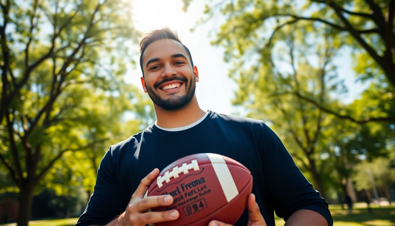 Chance Freeman smiling while holding a football in a community park, showcasing teamwork.