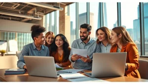 Job in Chicago: Collaborative professionals networking with resumes in a vibrant workspace.