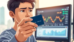 카드깡을 주제로 신용카드를 들고 걱정스러운 모습의 청년