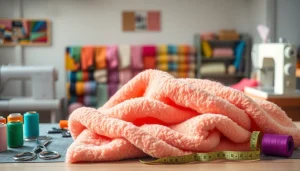 Fleece stof op een naaitafel omringd door kleurrijke garen en gereedschap.