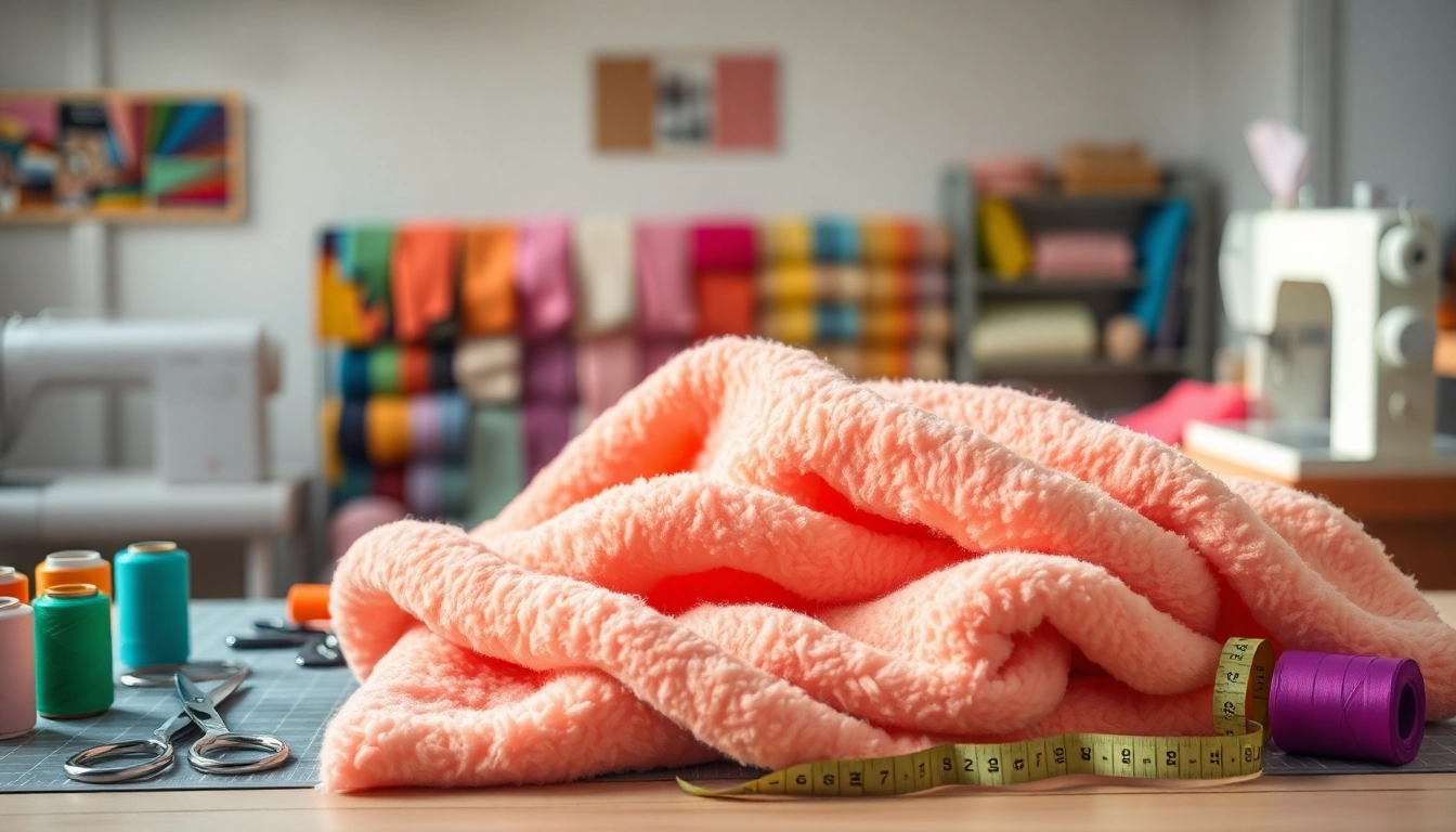 Fleece stof op een naaitafel omringd door kleurrijke garen en gereedschap.
