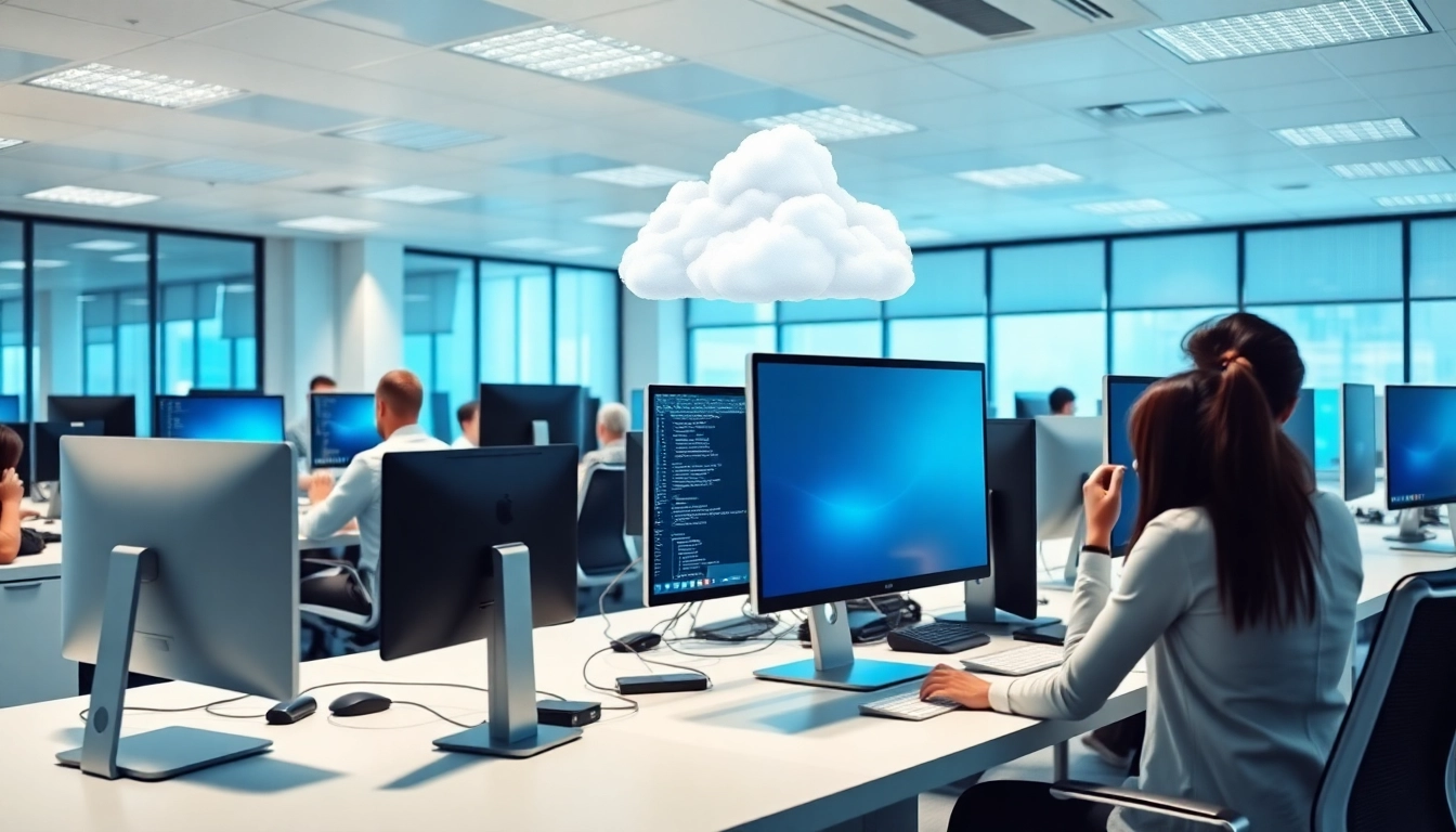 Users engaged with Virtual Desktop Infrastructure (VDI) in a modern office setting, showcasing productivity.