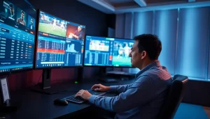 Engaged bettor enjoying online sportsbooks India experience with multiple screens showcasing live events.