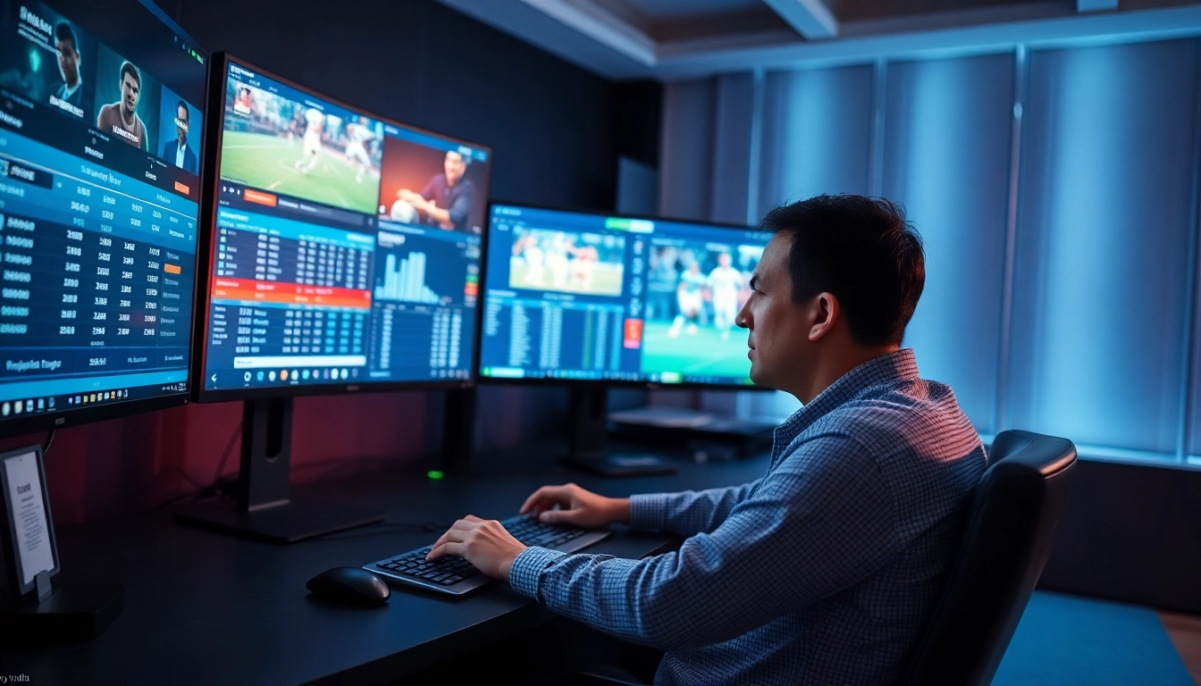 Engaged bettor enjoying online sportsbooks India experience with multiple screens showcasing live events.