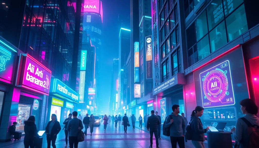 Futuristic cityscape showcasing nano banana 2 AI technology in action.