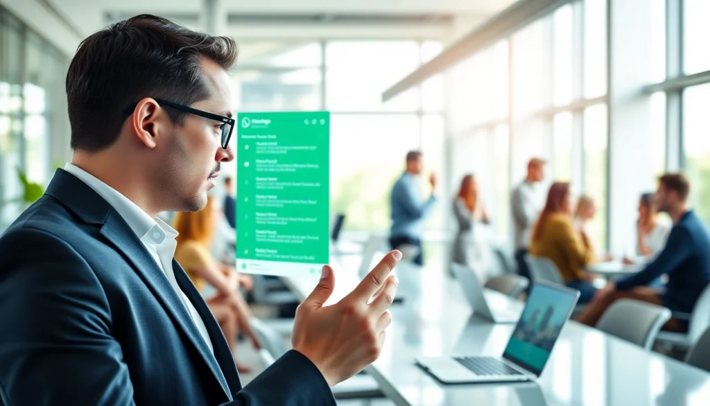 Engaging scene with a professional using WhatsApp Business CRM on a modern office screen.