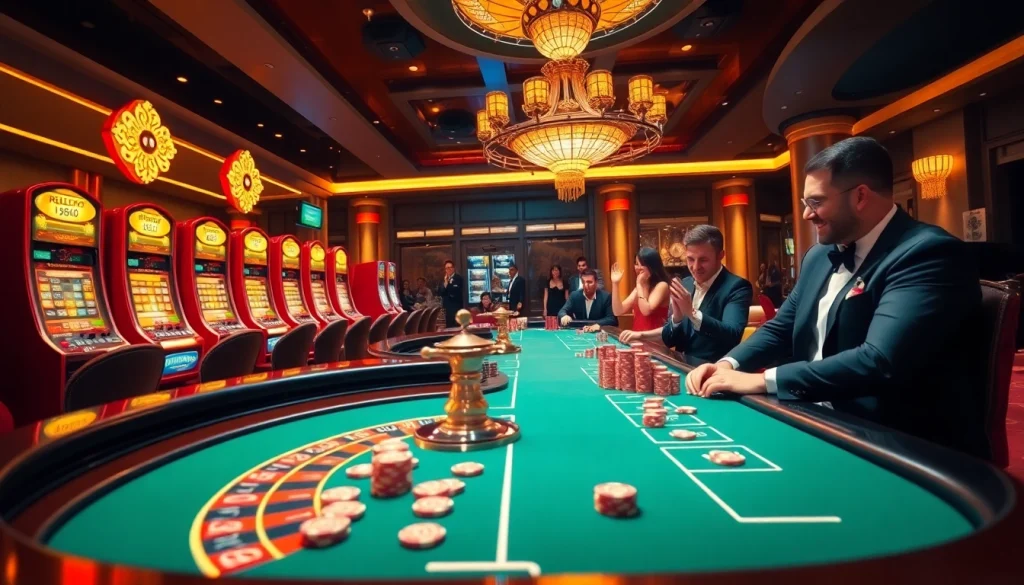 RR88 players enjoying a high-stakes poker game in a luxurious casino environment with vibrant colors.