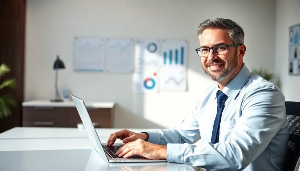 Dental business consultant analyzing data with a modern office background, showcasing expertise.