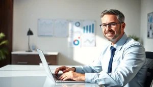 Dental business consultant analyzing data with a modern office background, showcasing expertise.